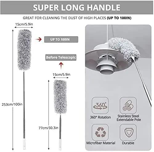 Hallstatt Upgraded Microfiber Duster For Cleaning With Extension Pole 30-100 Inch,With Bendable Head. Cleaner With Long Extendable Handle For Cleaning High Cobweb,Ceiling Fan,Blinds,Furniture(1),Grey