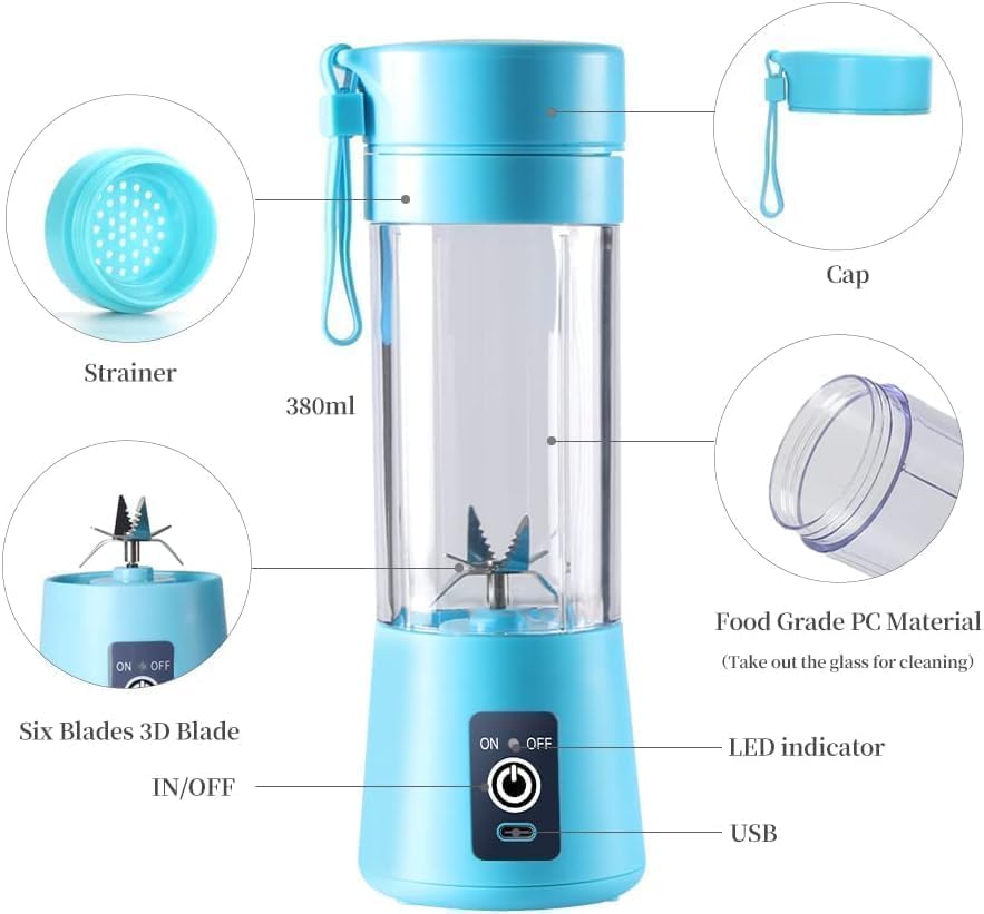 Portable 6-Blade Juicerr Blender with Built-in Jar,Juice Mixer Bottle,Fruit Juice Machine,USB Rechargeable Personal Size Juicer Grinder for Juices,Kitchen Pollen Removing Long Car&Milk