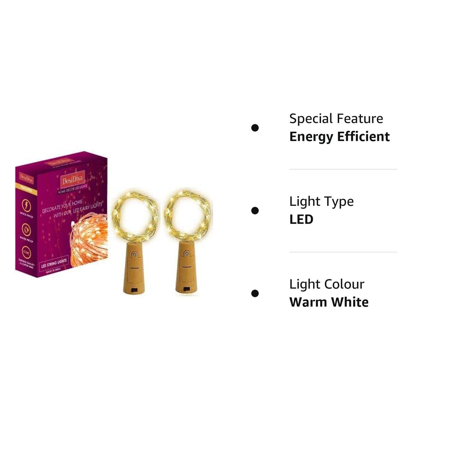 Desidiya® Bottle Lights with Cork, Mini Copper Wire, 24 LED Battery Operated String Decorative 200cm Fairy Light DIY Festive Decor for Diwali Wedding Party Decoration - Pack of 2 (Warm White)