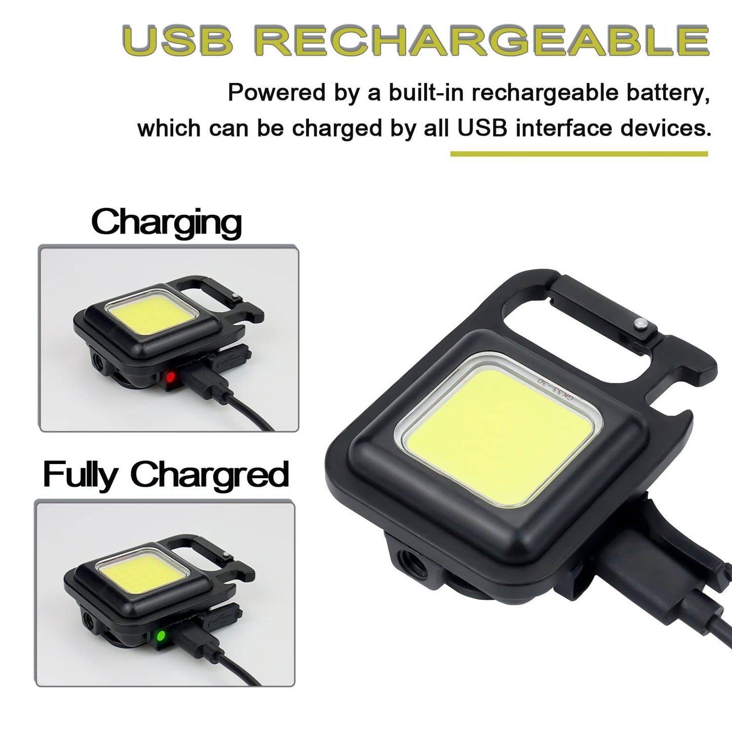 Keychain Mini Cob Flashlight, Super Bright (Max 500 Lumens) Rechargeable Emergency Light, 4 Modes Portable Pocket Light with Folding Bracket Bottle Opener for Fishing, Camping, Walking