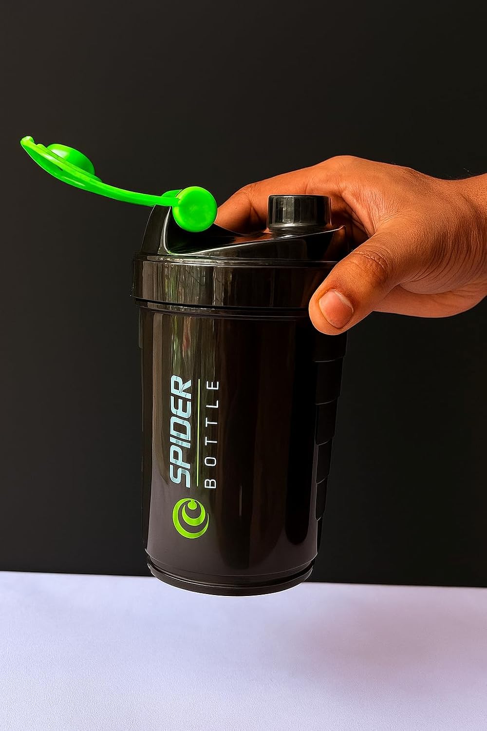 Spider Protein Shaker Bottle, 20-Ounce, Black with Green Accents, Leakproof Flip Top, Storage Compartment