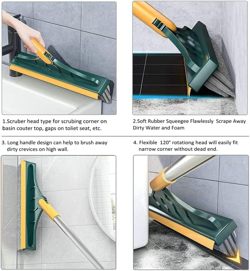 uptronic Stainless Steel Bathroom Cleaning Brush with Wiper Upgraded 2 in 1 Toilet Brush Bathroom Brush with Long Handle 120° Rotate Bathroom Floor Cleaning Brush Bathroom Cleaning Accessories (Green)