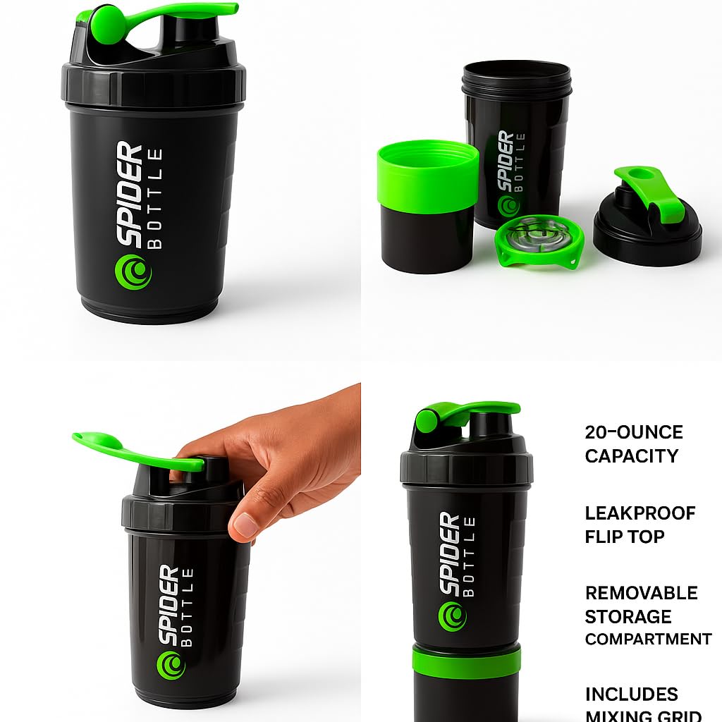 Spider Protein Shaker Bottle, 20-Ounce, Black with Green Accents, Leakproof Flip Top, Storage Compartment