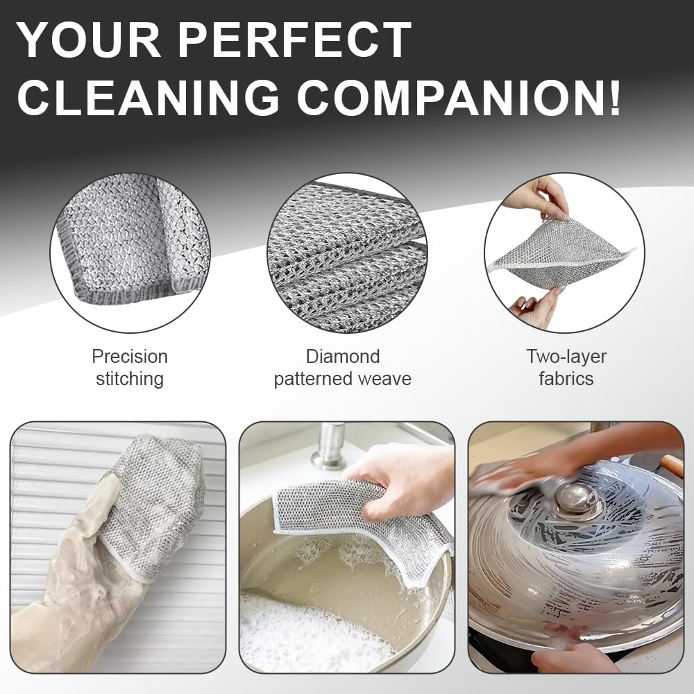 SEYOS Multipurpose Wire Dishwashing Rags for Wet and Dry Non-Scratch Dish Wash Cloth Steel Wire Dish Cloth Stainless Steel Scrubber for Washing Dishes, Sinks & Counters (Pack of 10)