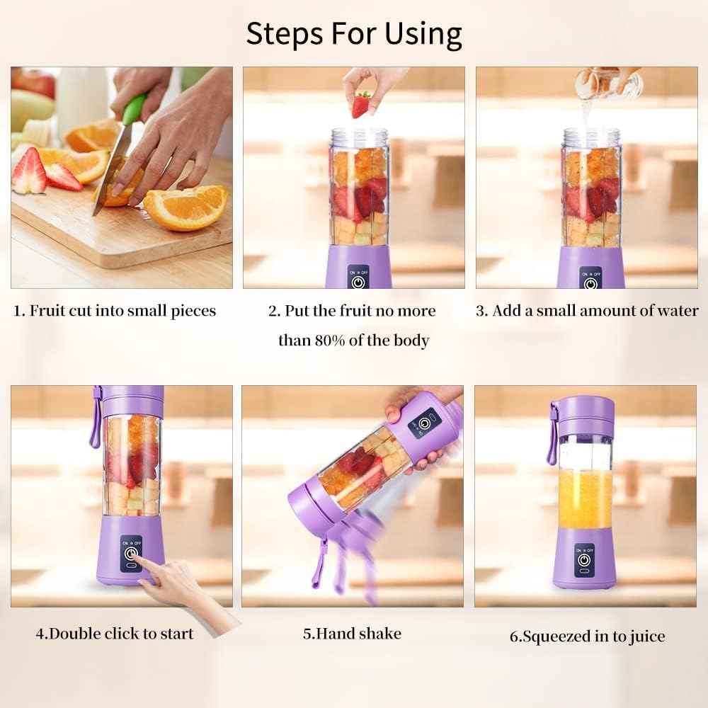 Portable 6-Blade Juicerr Blender with Built-in Jar,Juice Mixer Bottle,Fruit Juice Machine,USB Rechargeable Personal Size Juicer Grinder for Juices,Kitchen Pollen Removing Long Car&Milk
