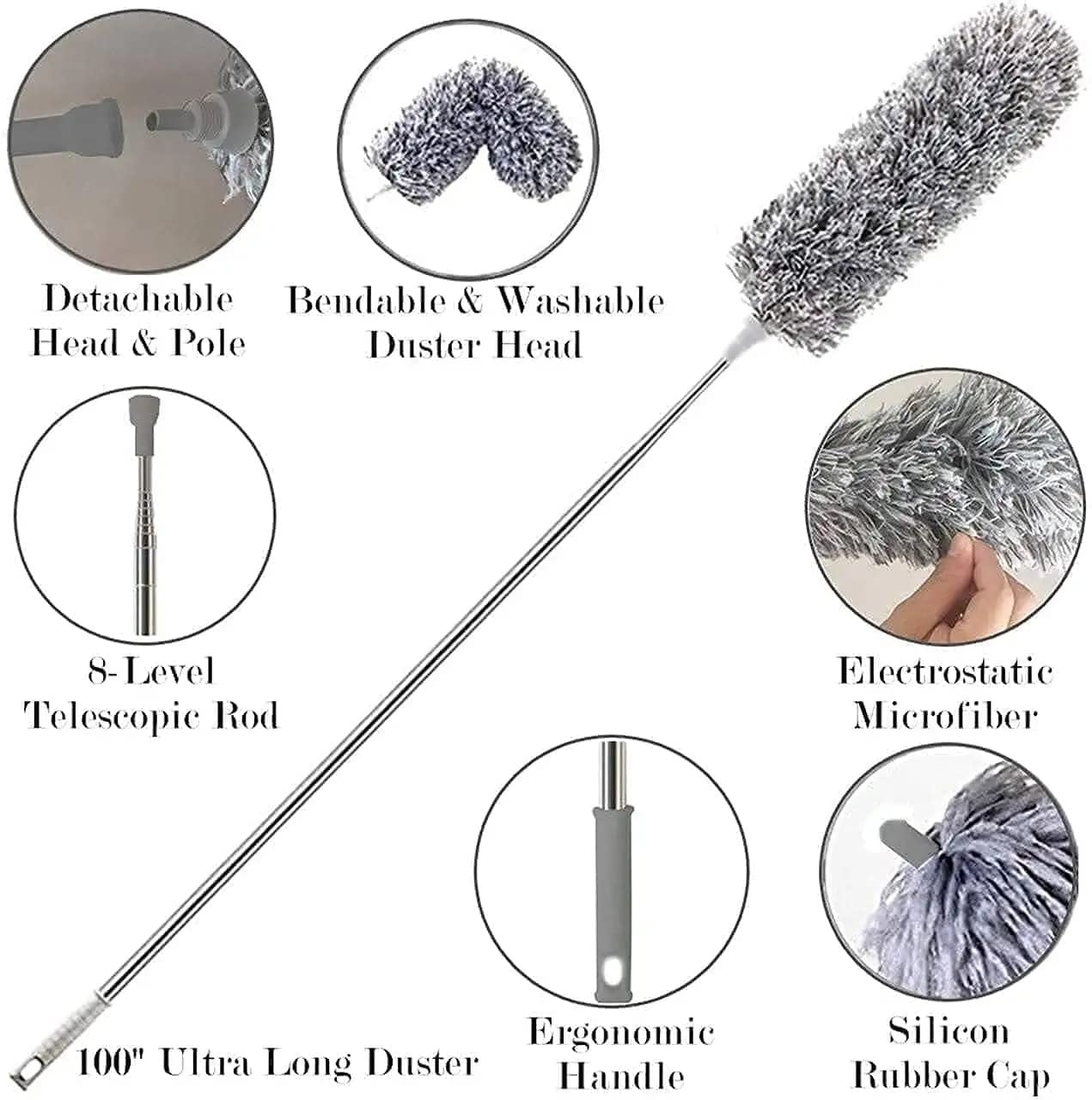 Hallstatt Upgraded Microfiber Duster For Cleaning With Extension Pole 30-100 Inch,With Bendable Head. Cleaner With Long Extendable Handle For Cleaning High Cobweb,Ceiling Fan,Blinds,Furniture(1),Grey