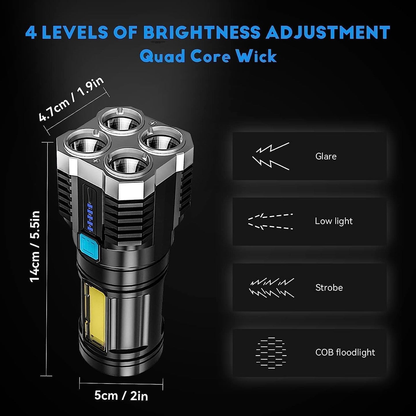 Ld03 USB Rechargeable LED Flashlight – 4-Core High-Power Torch, Compact Pocket Light with Long-Range Beam, Mini Battery Operated Emergency Flashlight for Camping & Outdoor Use – Black