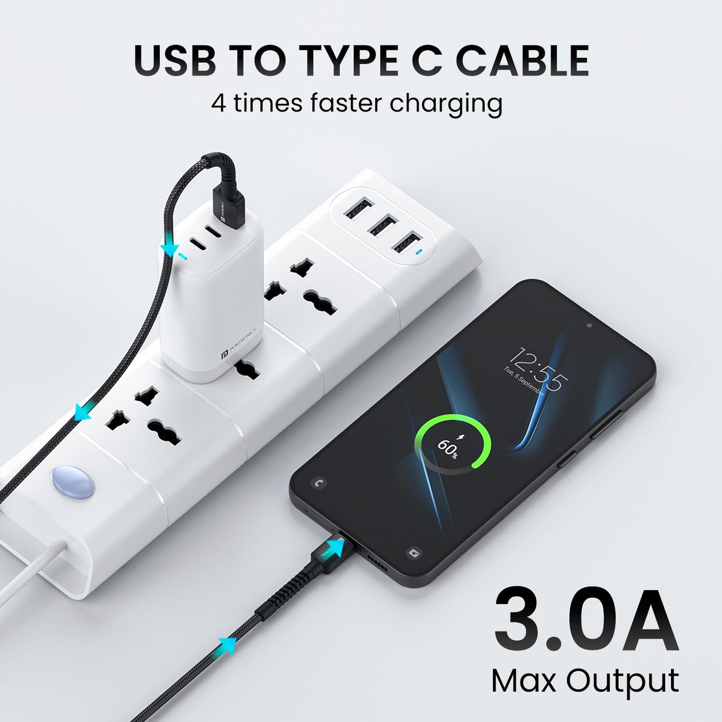 Portronics Konnect X 3A Unbreakable Nylon Braided USB to Type C Fast Charging Cable 2M Long, Supports All Type C Smartphones and Devices(Black)