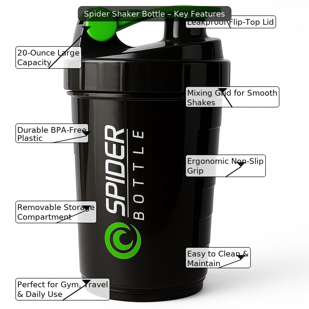 Spider Protein Shaker Bottle, 20-Ounce, Black with Green Accents, Leakproof Flip Top, Storage Compartment