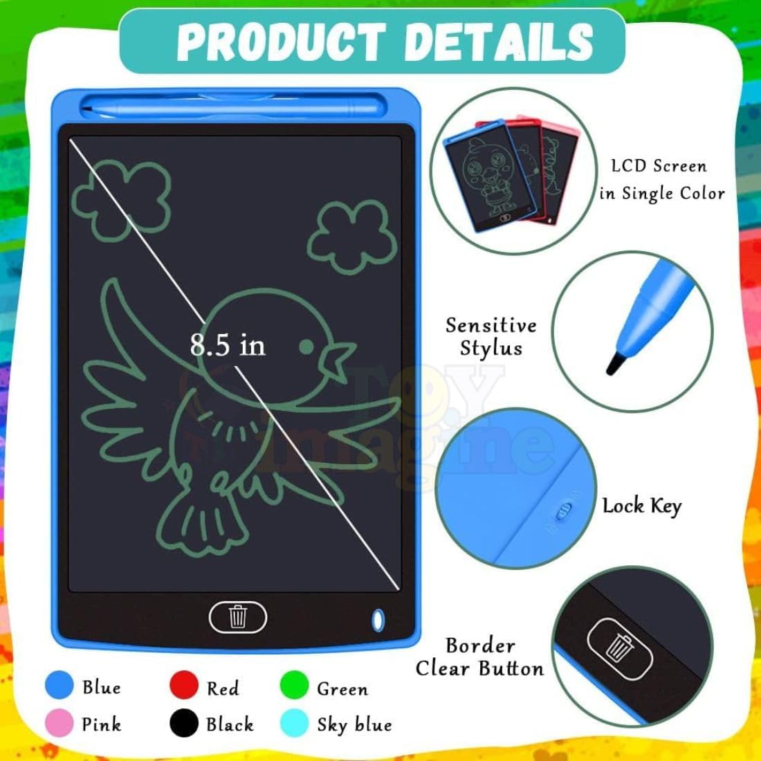 Toy Imagine LCD Writing Tablet for Kids – 8.5 Inch Digital Slate Pad for Drawing & Writing | Rewritable LCD Board for Kids Age 3-10 Years | Smart Writing Tab for Boys & Girls