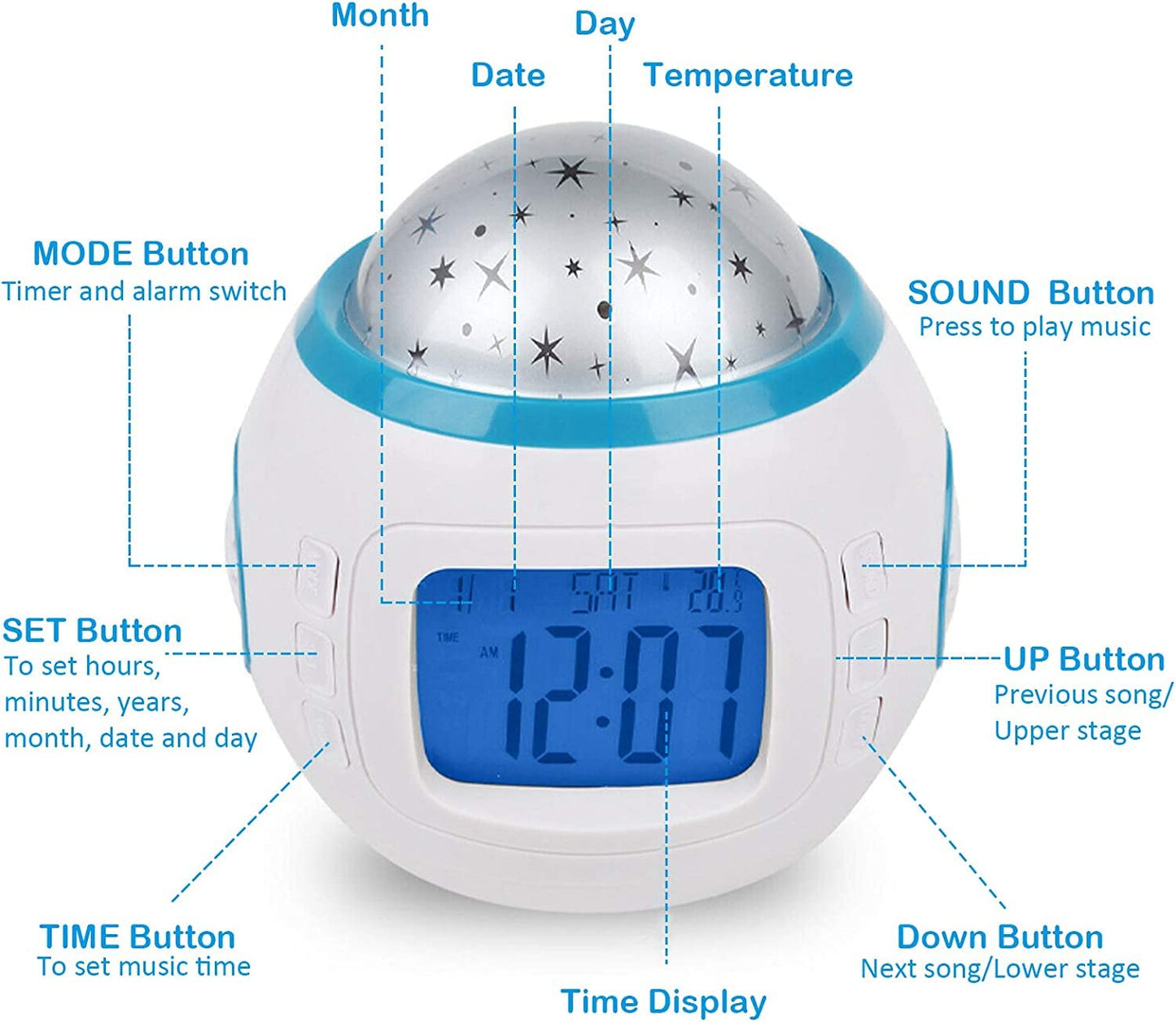 Kids Alarm Clock, Stars 7 Color Changing Night Light, LED Star Projector Starry Night Light, Digital Alarm Clock Temperature Detect for Toddler, Children Boys and Girls