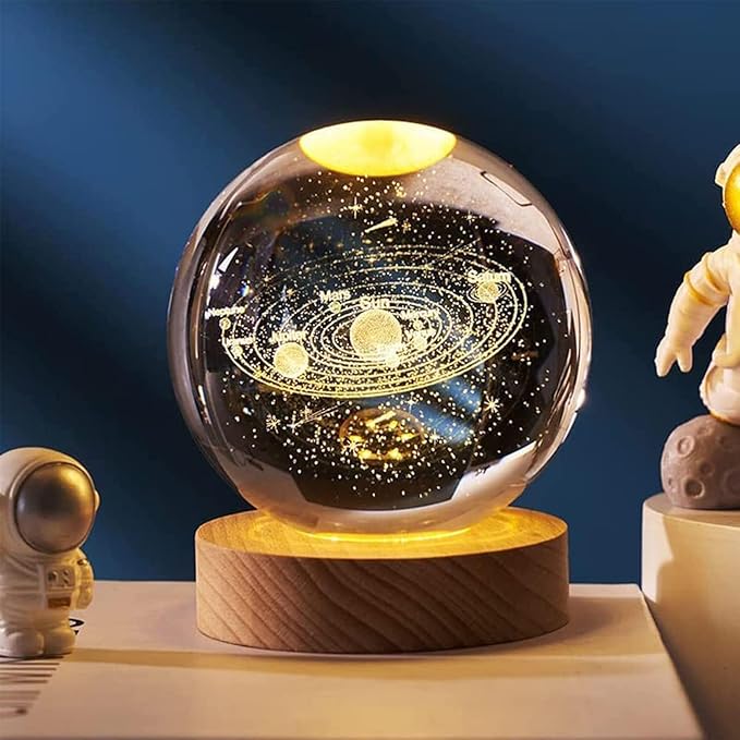 Universe Crystal Ball LED Night Lamp, Creative Engraved Night Light Wooden Base, Warm White Decorative Table Lamp for Home, Office, Bedroom, Birthday Gift (Solar Planet)