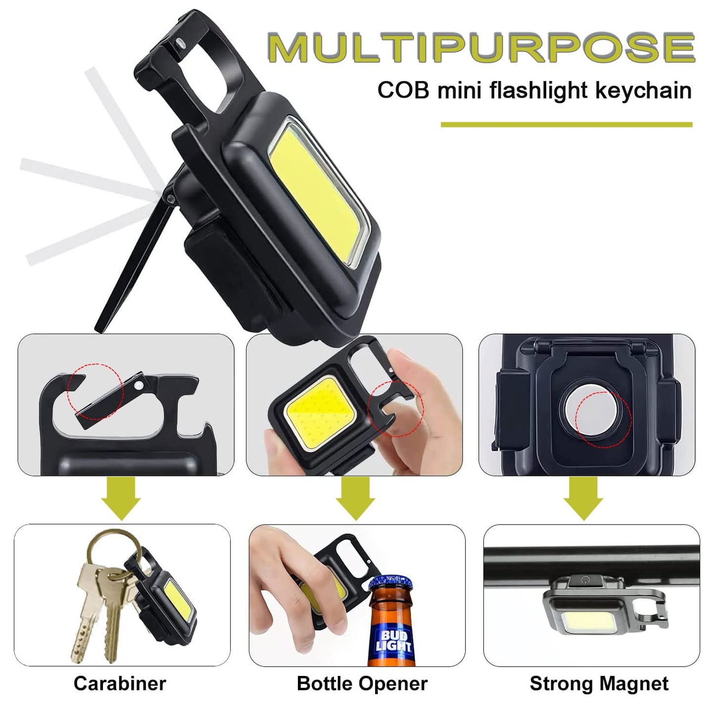 Keychain Mini Cob Flashlight, Super Bright (Max 500 Lumens) Rechargeable Emergency Light, 4 Modes Portable Pocket Light with Folding Bracket Bottle Opener for Fishing, Camping, Walking
