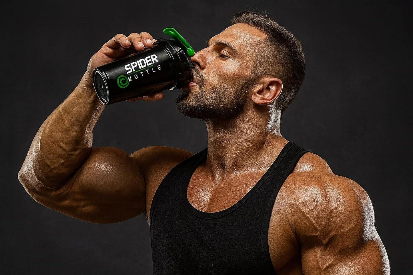 Spider Protein Shaker Bottle, 20-Ounce, Black with Green Accents, Leakproof Flip Top, Storage Compartment