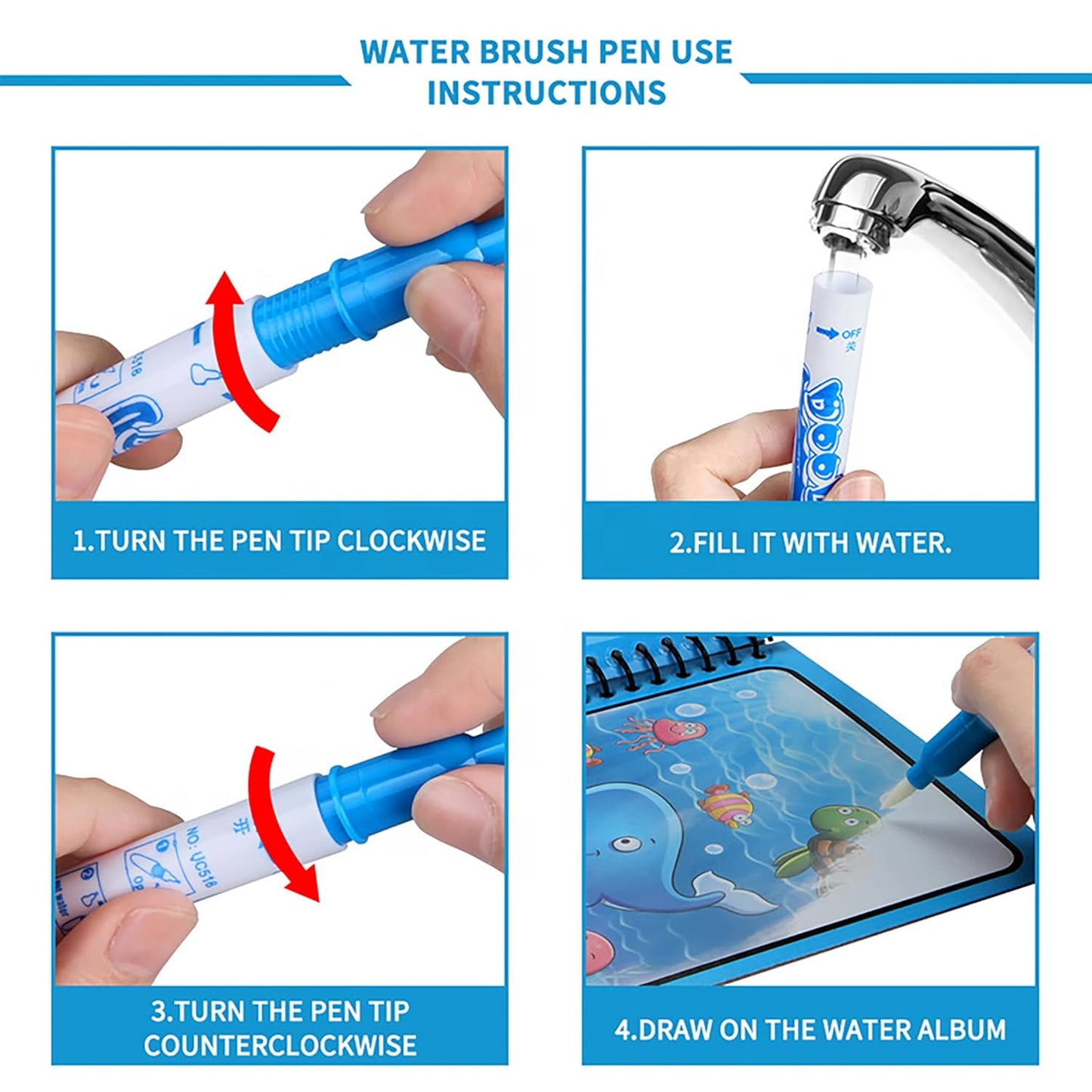 Water Marker Magic Book for Kids, 4 Different Theme Magic Books, Fun and Learn Cartoon Educational Drawing Pad, Reusable, Mess-Free Art with Quick Dry Technology