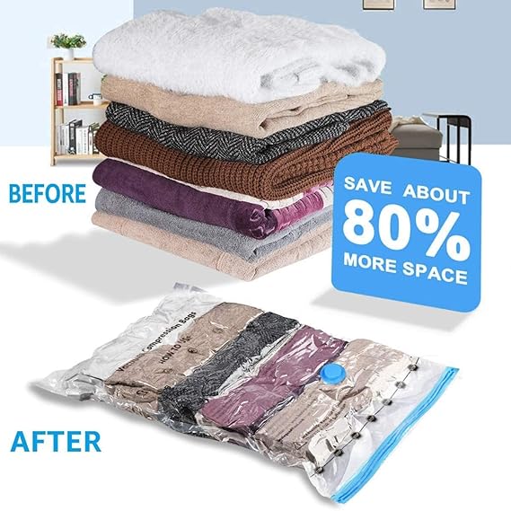 Vacuum Storage Bags for Clothes with Hand Pump – 5-Pack Space Saver Bags for Travel & Home – Self-Compression Organizer for Blankets, Comforters, Jackets & Sweaters (Vacuum Storage Bags)