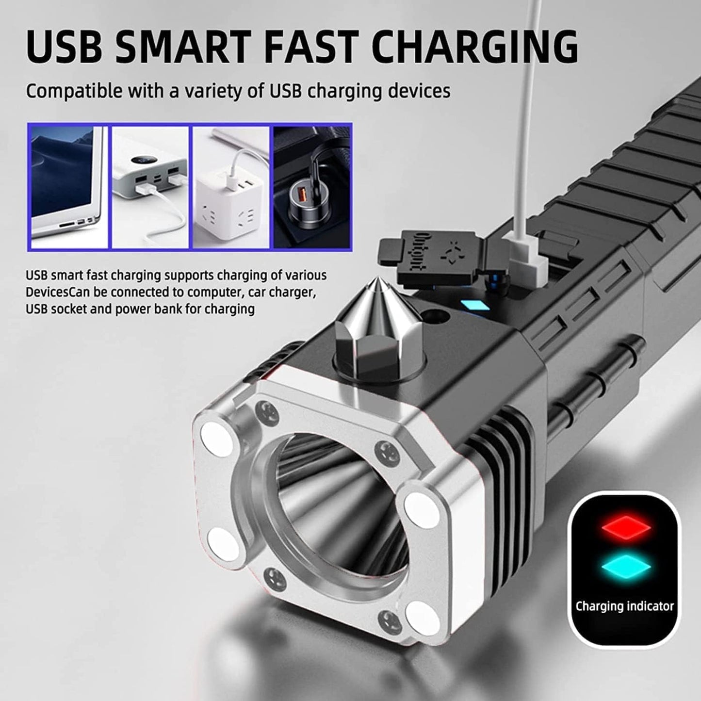 DRAWBRIDGE 1 pc Torch Light,LED 3W Torch Light Rechargeable Torch Flashlight,Long Distance Beam Range Car Rescue Torch with Hammer Window Glass and Seat Belt Cutter Built Portable Rechargeable