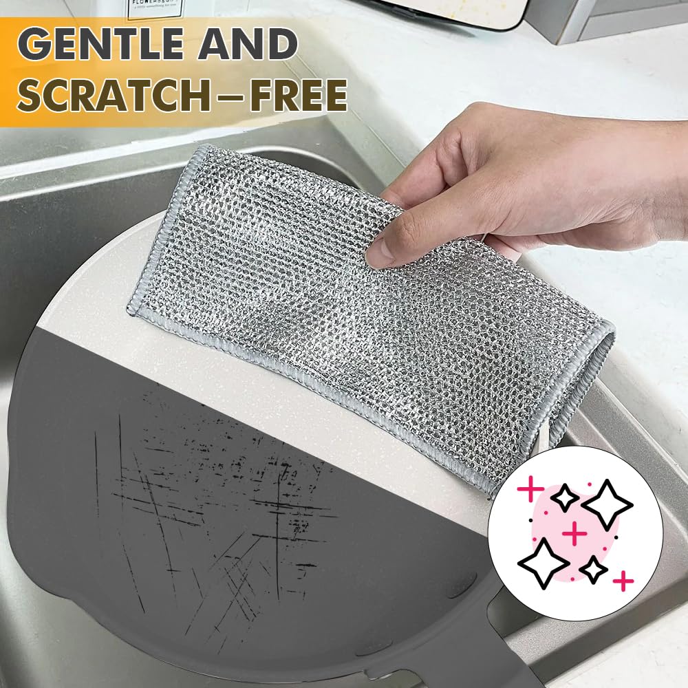 SEYOS Multipurpose Wire Dishwashing Rags for Wet and Dry Non-Scratch Dish Wash Cloth Steel Wire Dish Cloth Stainless Steel Scrubber for Washing Dishes, Sinks & Counters (Pack of 10)