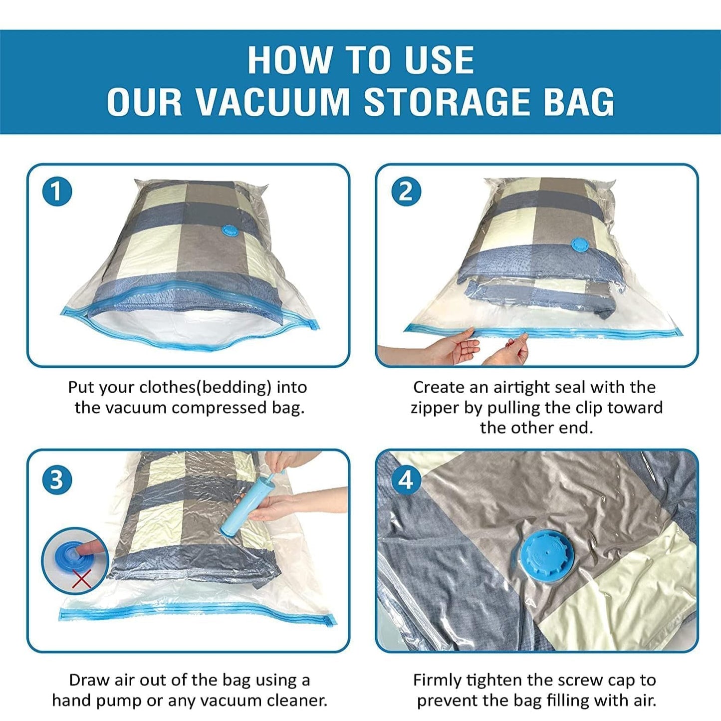 Vacuum Storage Bags for Clothes with Hand Pump – 5-Pack Space Saver Bags for Travel & Home – Self-Compression Organizer for Blankets, Comforters, Jackets & Sweaters (Vacuum Storage Bags)