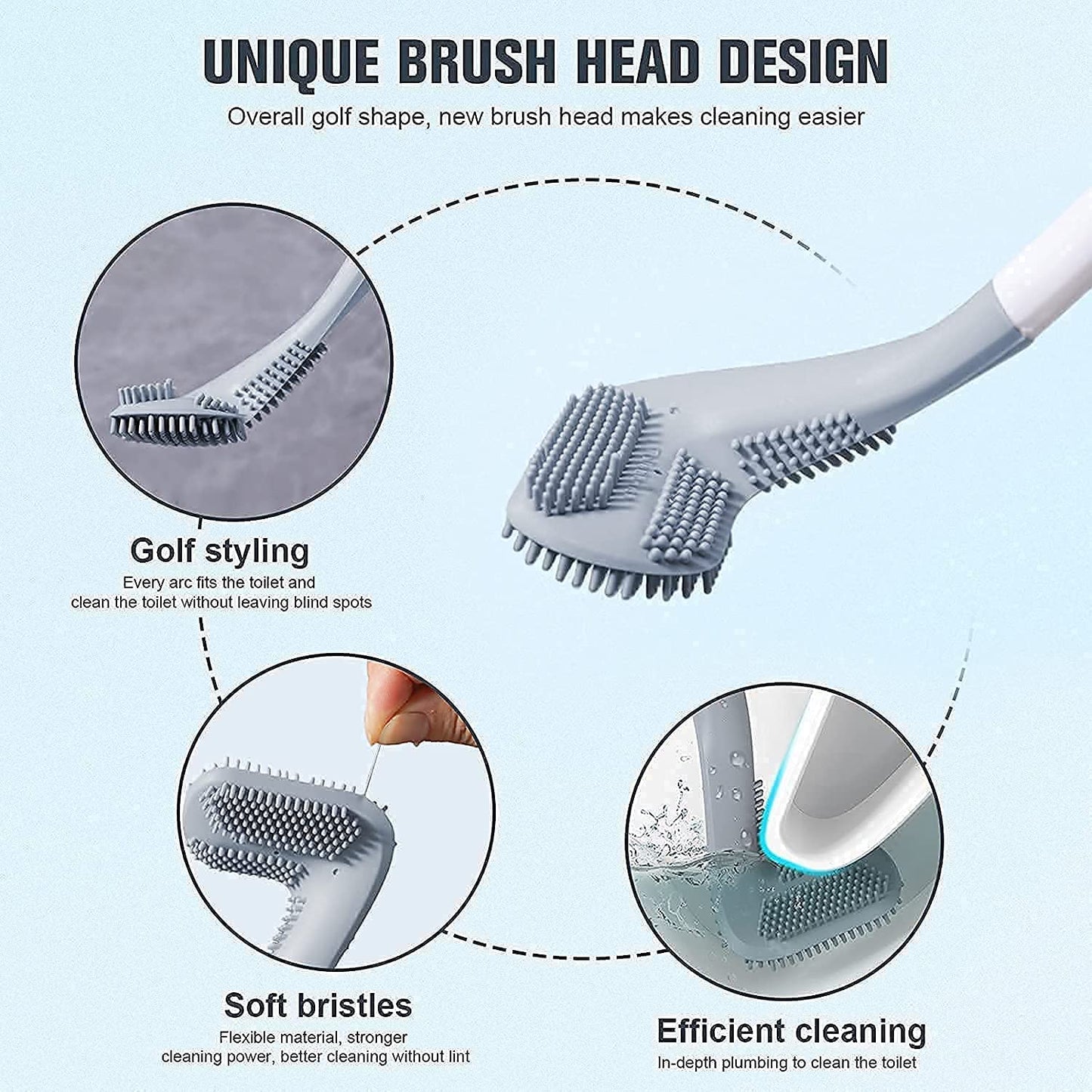 Pivalo Golf Shape Silicone Toilet Brush with Self-Adhesive Wall Hook Holder Anti-drip Non-Slip Long Handle Quick & Easy Cleaning Bathroom Cleaner Set for Western & Indian Toilets (Pack of 1
