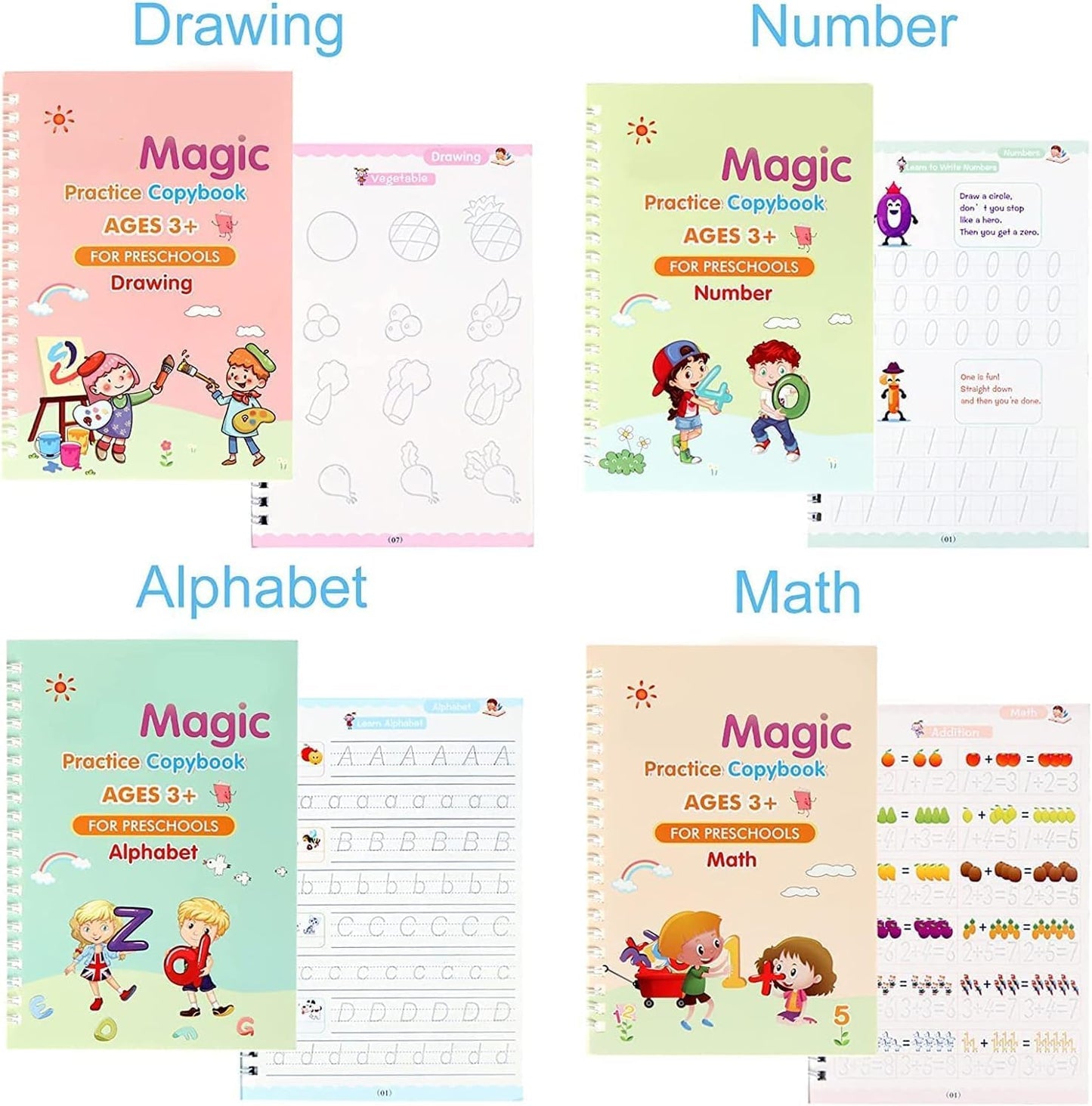 Eclet Magic Book for Kids, Sank Magic Practice Copybook, (4 Book+10 Refill+1 Pen+1 Grip) Number Tracing Book for Pre-Schoolers with Pen, Magic Calligraphy Copybook Set Writing Tool for Kids(F)