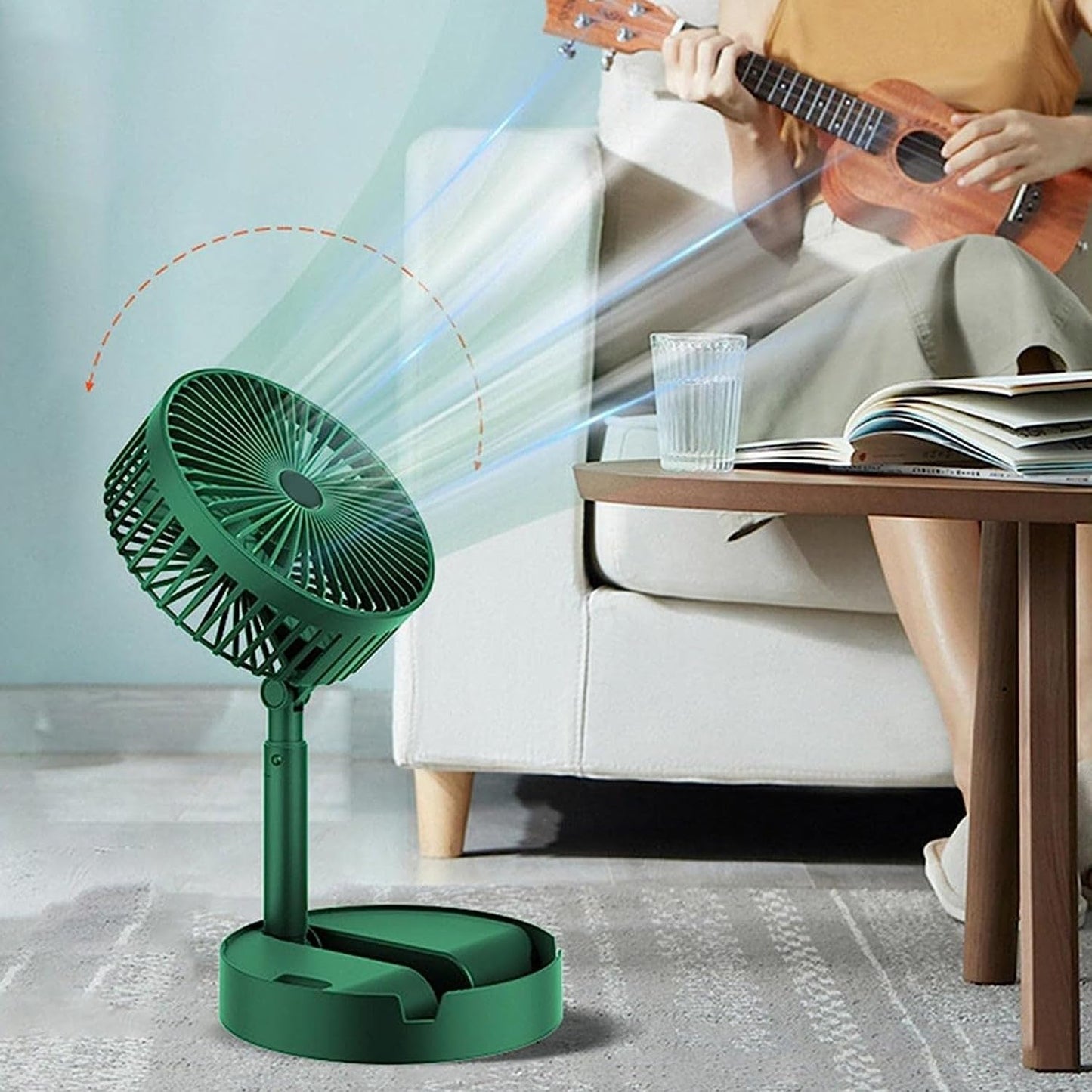 Oblivion Telescopic Electric Fan: Portable, Foldable & Height Adjustable for Travel, Silent Table Top Personal Fan for Bedside & Office, Compact Battery-Operated Quiet Cooling Desk Fan for Home (1Pc)