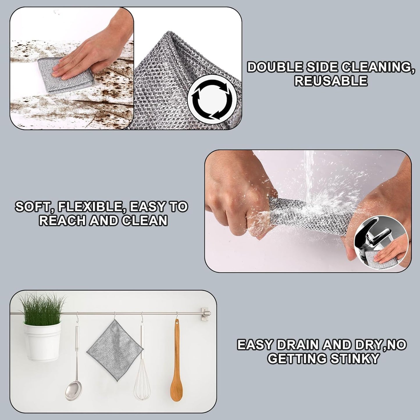 SEYOS Multipurpose Wire Dishwashing Rags for Wet and Dry Non-Scratch Dish Wash Cloth Steel Wire Dish Cloth Stainless Steel Scrubber for Washing Dishes, Sinks & Counters (Pack of 10)