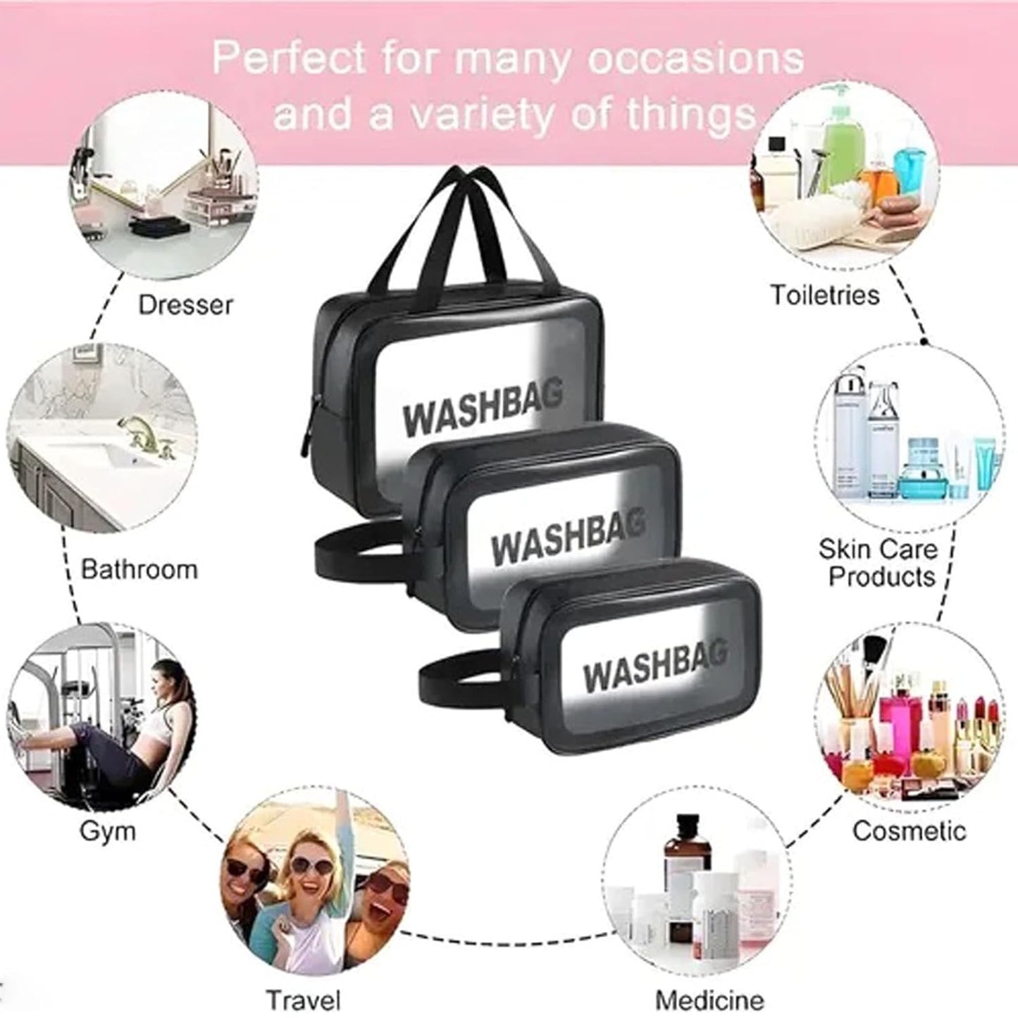 OCEANEVO Makeup Travel Pouch, Cosmetic Bag, Travel kit Pouch for Toiletries, Brushes and Cosmetics - Set of 3 - Washbag Pouch - Black