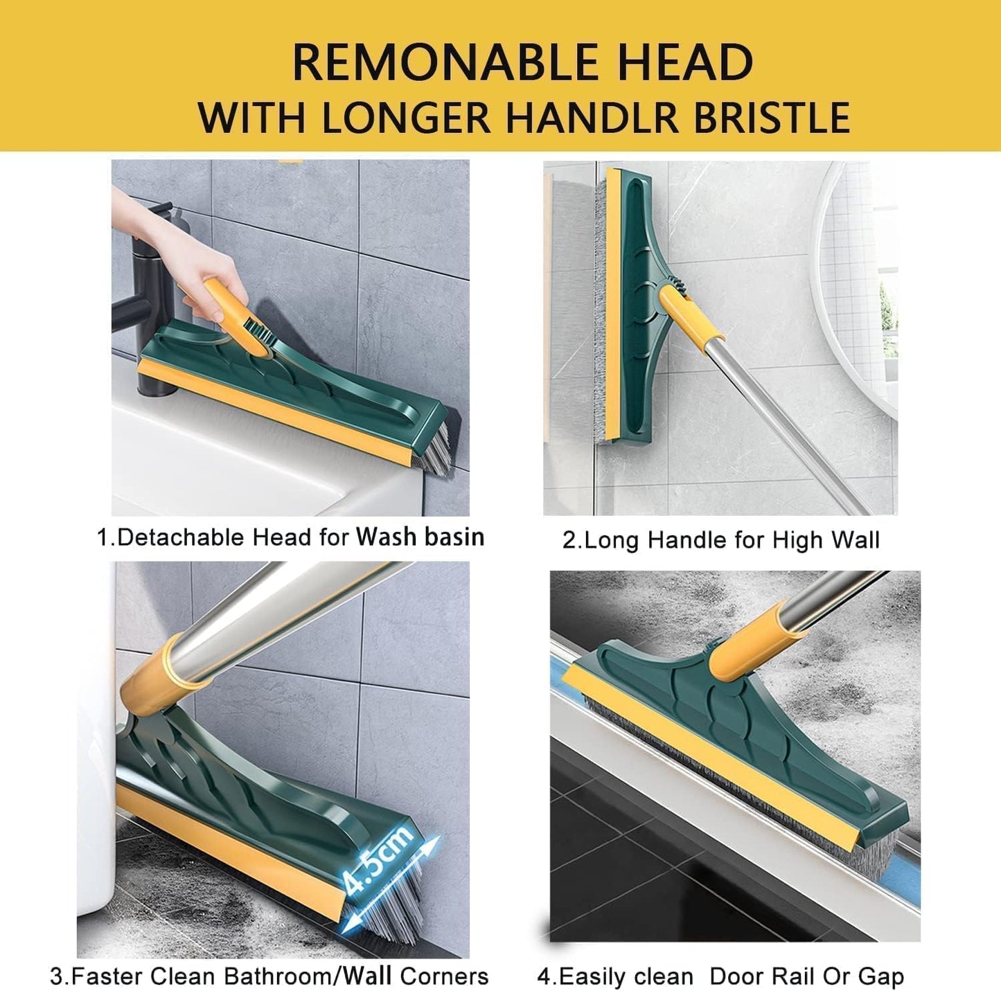uptronic Stainless Steel Bathroom Cleaning Brush with Wiper Upgraded 2 in 1 Toilet Brush Bathroom Brush with Long Handle 120° Rotate Bathroom Floor Cleaning Brush Bathroom Cleaning Accessories (Green)