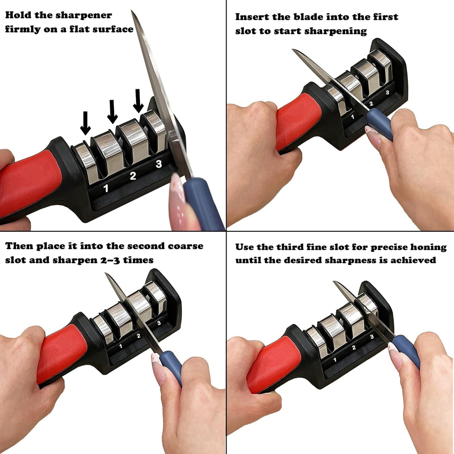 Longzon Manual 3 Stage Knife Sharpener for Kitchen, Knife Sharpener Rod, Knives Sharpening Tool for Steel Knives (1 Unit)