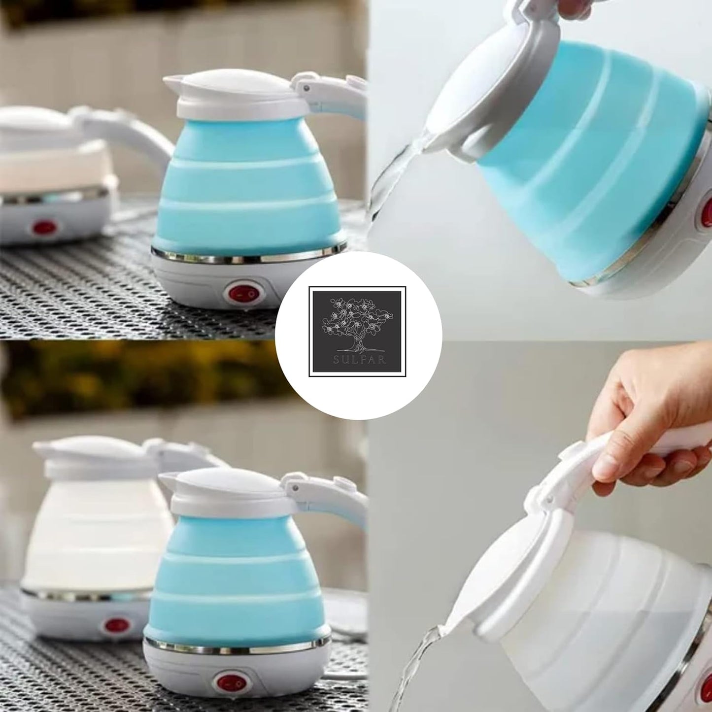 Sulfar Travel Foldable Fast Boiling Portable Electric Kettle - Silicone Food Grade Boil Dry Protection 220V -600ML for Most Travel and Home & Office Use (Blue/White/Pink)