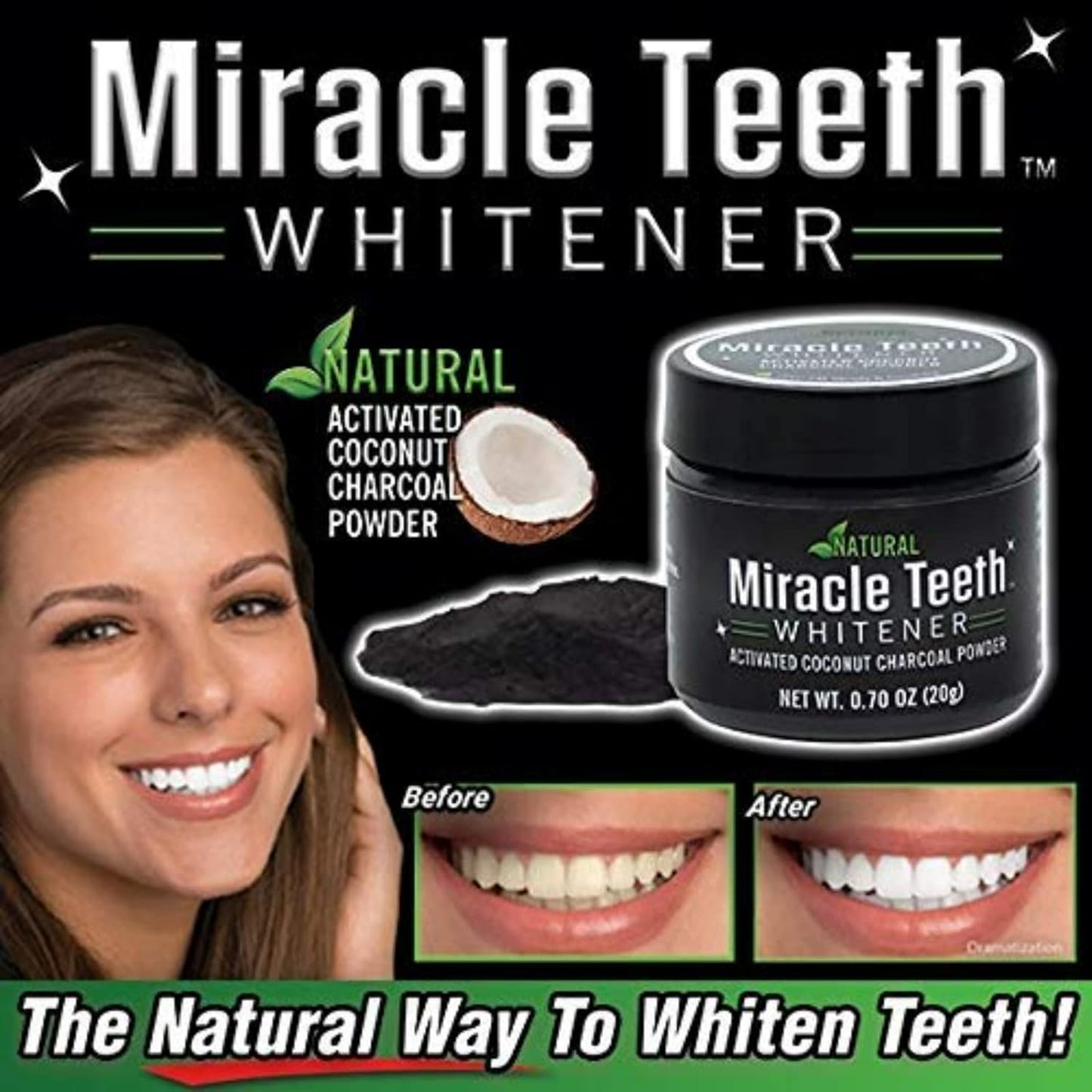 WONIRY NATURAL MIRACLE TEETH WHITENER | Natural Whitening Coconut Charcoal Powder | Gentle on Teeth and Gums and Removes Stains Caused by Smoking, Coffee, Soda, Red Wine and More!