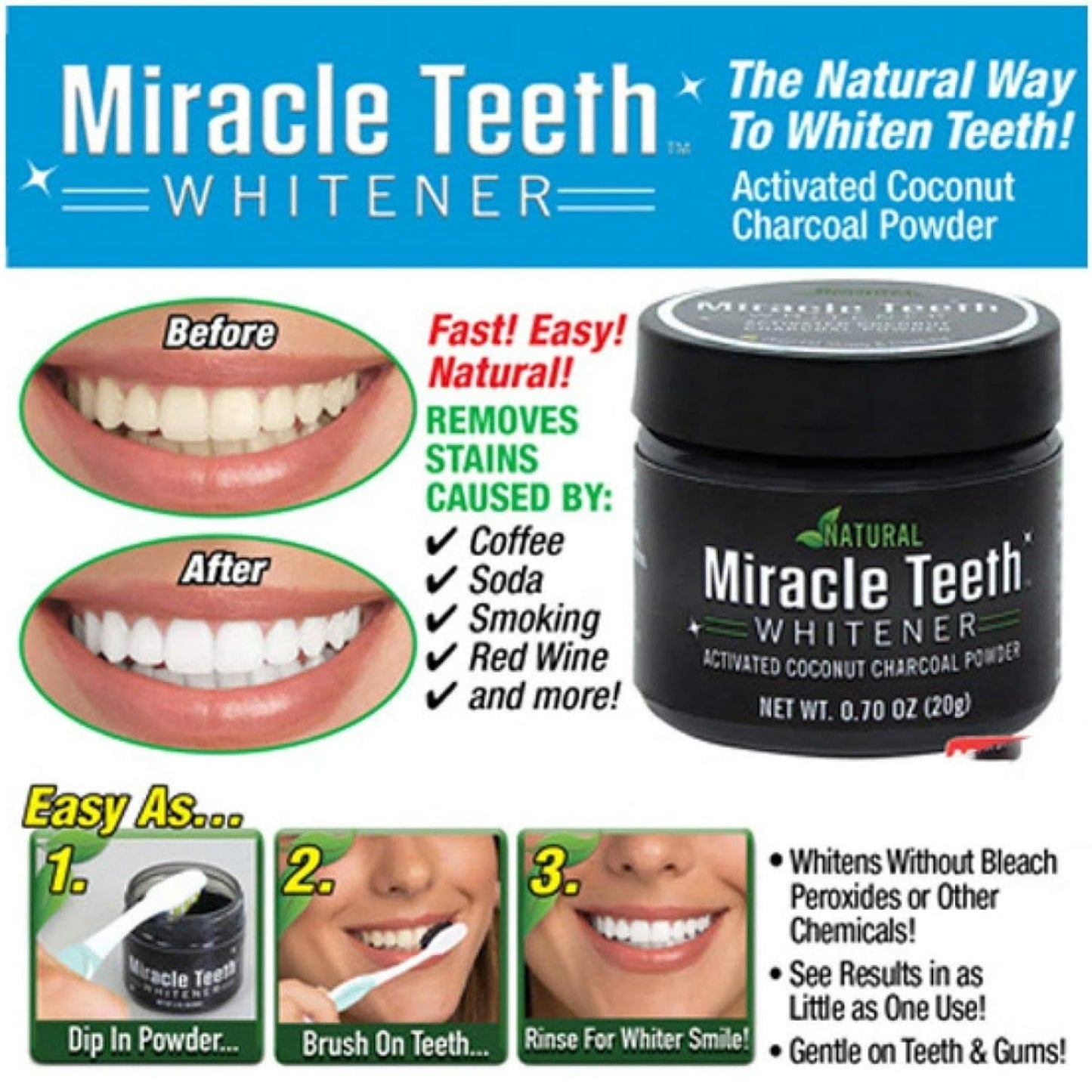 WONIRY NATURAL MIRACLE TEETH WHITENER | Natural Whitening Coconut Charcoal Powder | Gentle on Teeth and Gums and Removes Stains Caused by Smoking, Coffee, Soda, Red Wine and More!