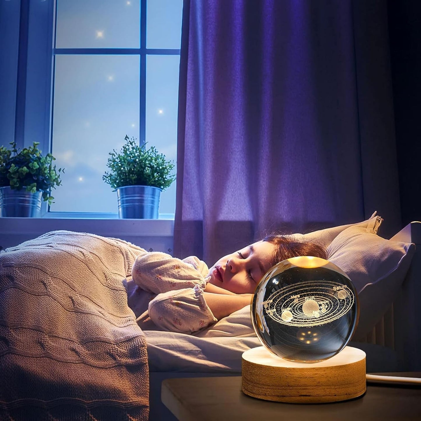Universe Crystal Ball LED Night Lamp, Creative Engraved Night Light Wooden Base, Warm White Decorative Table Lamp for Home, Office, Bedroom, Birthday Gift (Solar Planet)