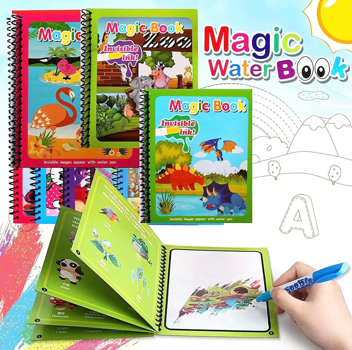 Water Marker Magic Book for Kids, 4 Different Theme Magic Books, Fun and Learn Cartoon Educational Drawing Pad, Reusable, Mess-Free Art with Quick Dry Technology