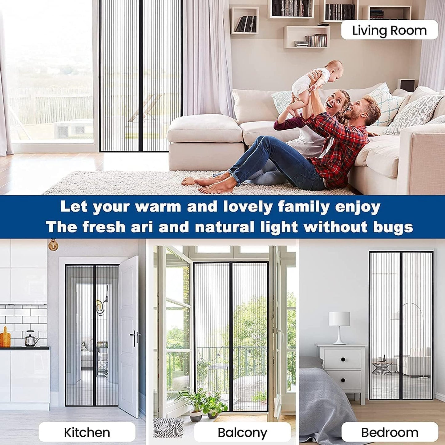 black sparrow Magic Mesh Magnetic Mosquito Screen Door Net Curtain with Magnets Polyester Mesh Curtain Back Door Mesh with Full Frame Hook & Loop Auto-Closing Fly Insect Mosquito Nets
