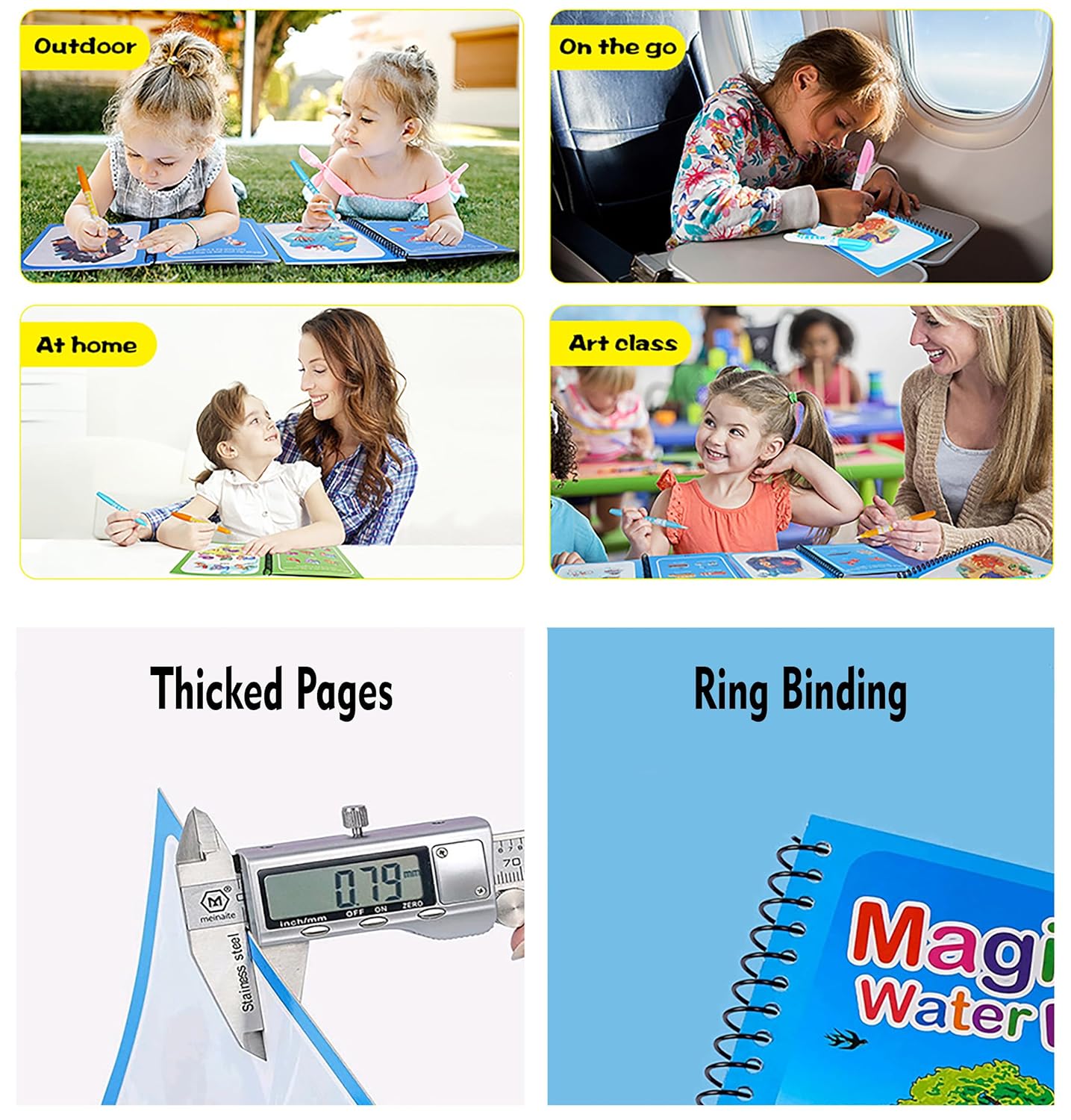 Water Marker Magic Book for Kids, 4 Different Theme Magic Books, Fun and Learn Cartoon Educational Drawing Pad, Reusable, Mess-Free Art with Quick Dry Technology