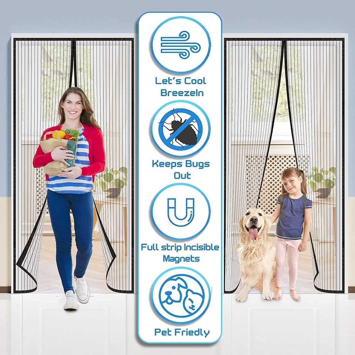 black sparrow Magic Mesh Magnetic Mosquito Screen Door Net Curtain with Magnets Polyester Mesh Curtain Back Door Mesh with Full Frame Hook & Loop Auto-Closing Fly Insect Mosquito Nets