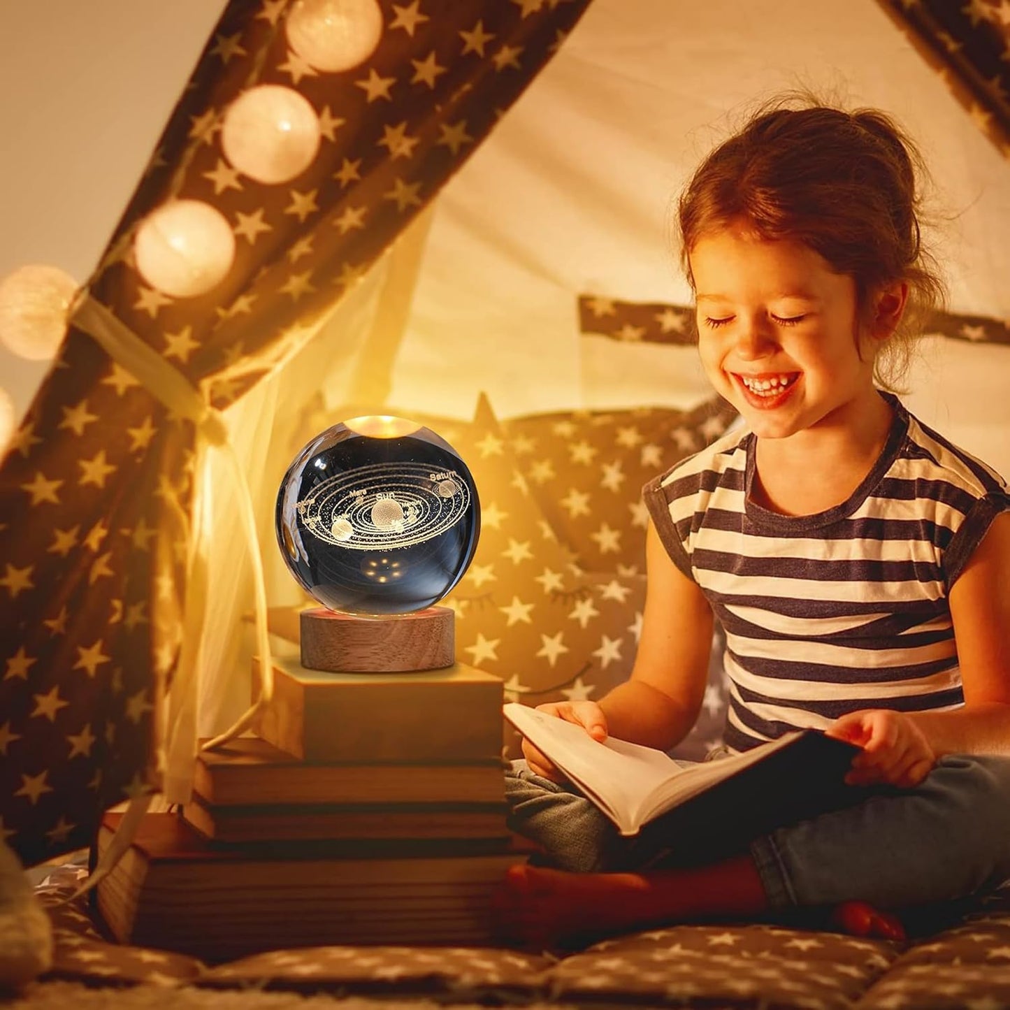 Universe Crystal Ball LED Night Lamp, Creative Engraved Night Light Wooden Base, Warm White Decorative Table Lamp for Home, Office, Bedroom, Birthday Gift (Solar Planet)