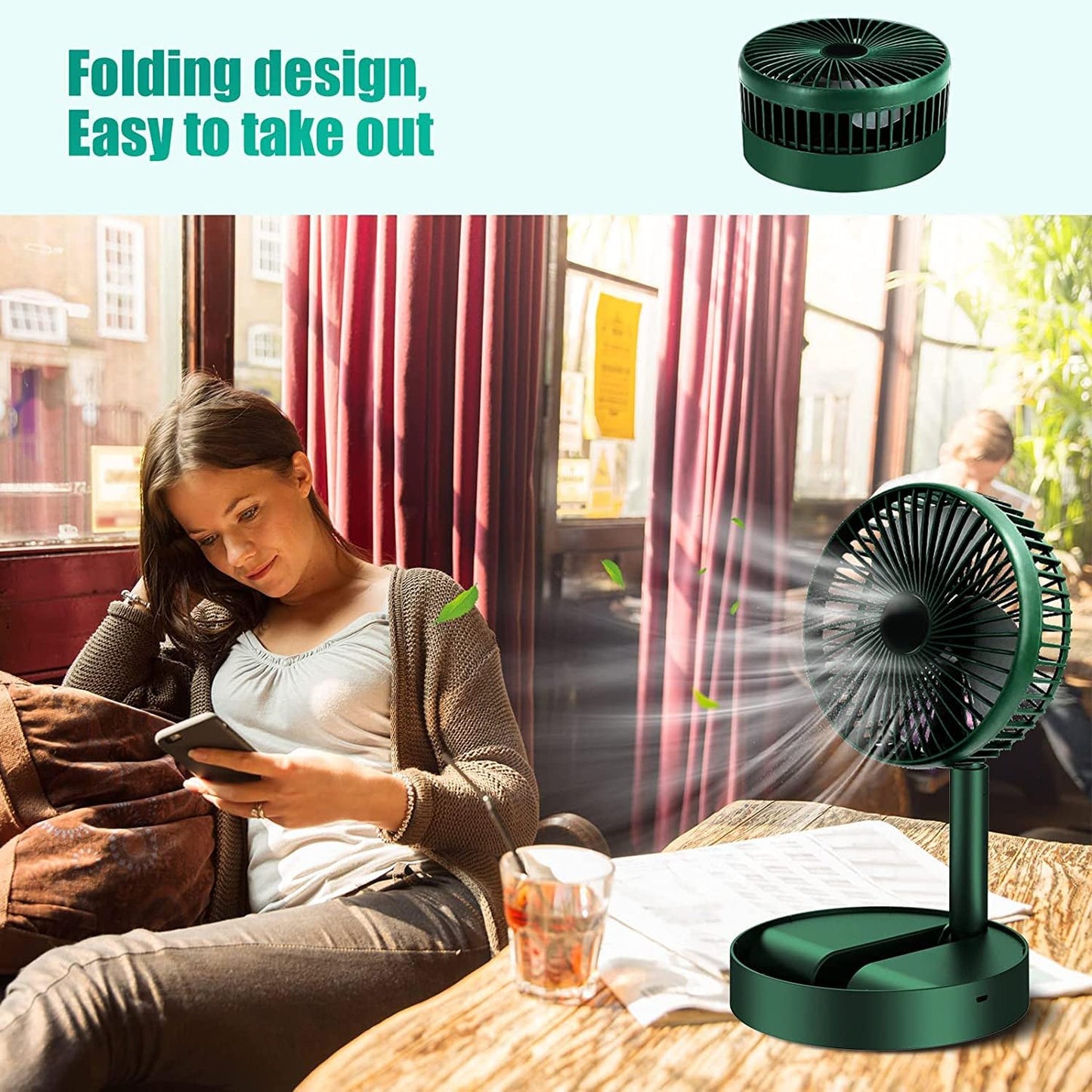 Oblivion Telescopic Electric Fan: Portable, Foldable & Height Adjustable for Travel, Silent Table Top Personal Fan for Bedside & Office, Compact Battery-Operated Quiet Cooling Desk Fan for Home (1Pc)