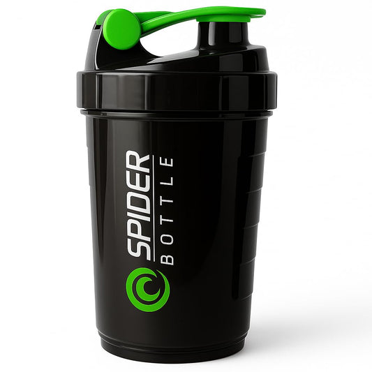 Spider Protein Shaker Bottle, 20-Ounce, Black with Green Accents, Leakproof Flip Top, Storage Compartment