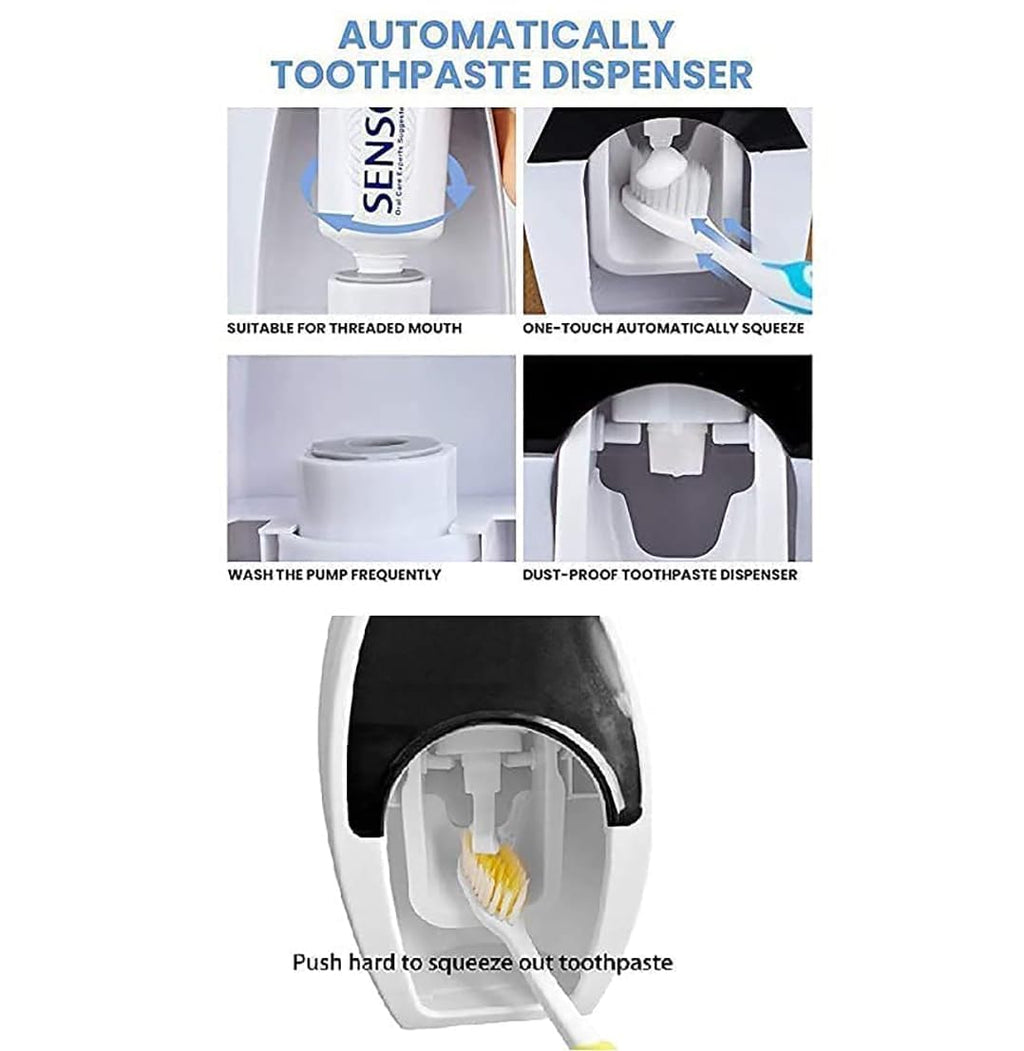 Automatic Toothpaste Dispenser with 5 Brush Holder, Fresh ABS Plastic Dust-Proof Wall Mounted Toothbrush Holder with Cover Storage Stand for Home Bathroom