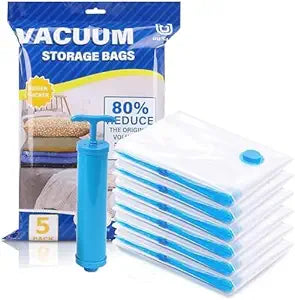 Vacuum Storage Bags for Clothes with Hand Pump – 5-Pack Space Saver Bags for Travel & Home – Self-Compression Organizer for Blankets, Comforters, Jackets & Sweaters (Vacuum Storage Bags)