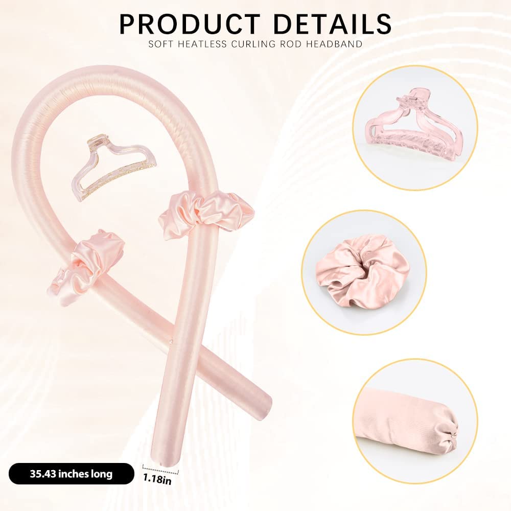 Heatless Hair Curler, Flexible Curling Rod with Hook, Satin Rollers for All Hair Types, No Heat Curls to Sleep for Curl Rods, Heatless Curls for Blowout Hair, Brown (Pink, Free)