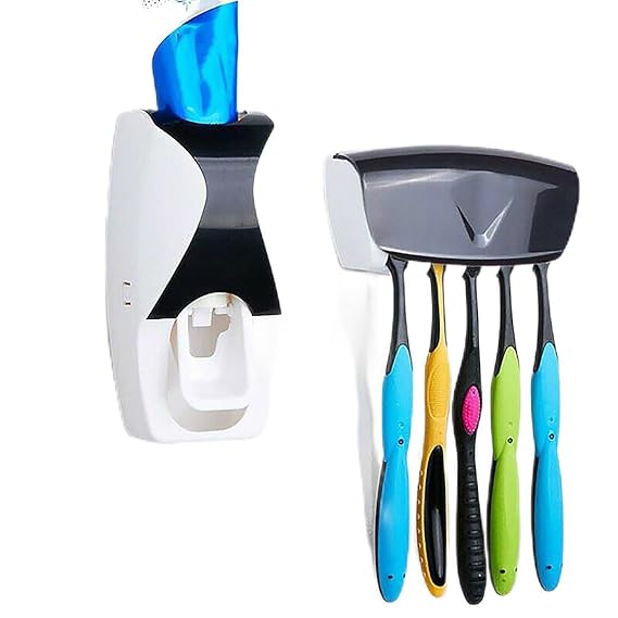 Automatic Toothpaste Dispenser with 5 Brush Holder, Fresh ABS Plastic Dust-Proof Wall Mounted Toothbrush Holder with Cover Storage Stand for Home Bathroom
