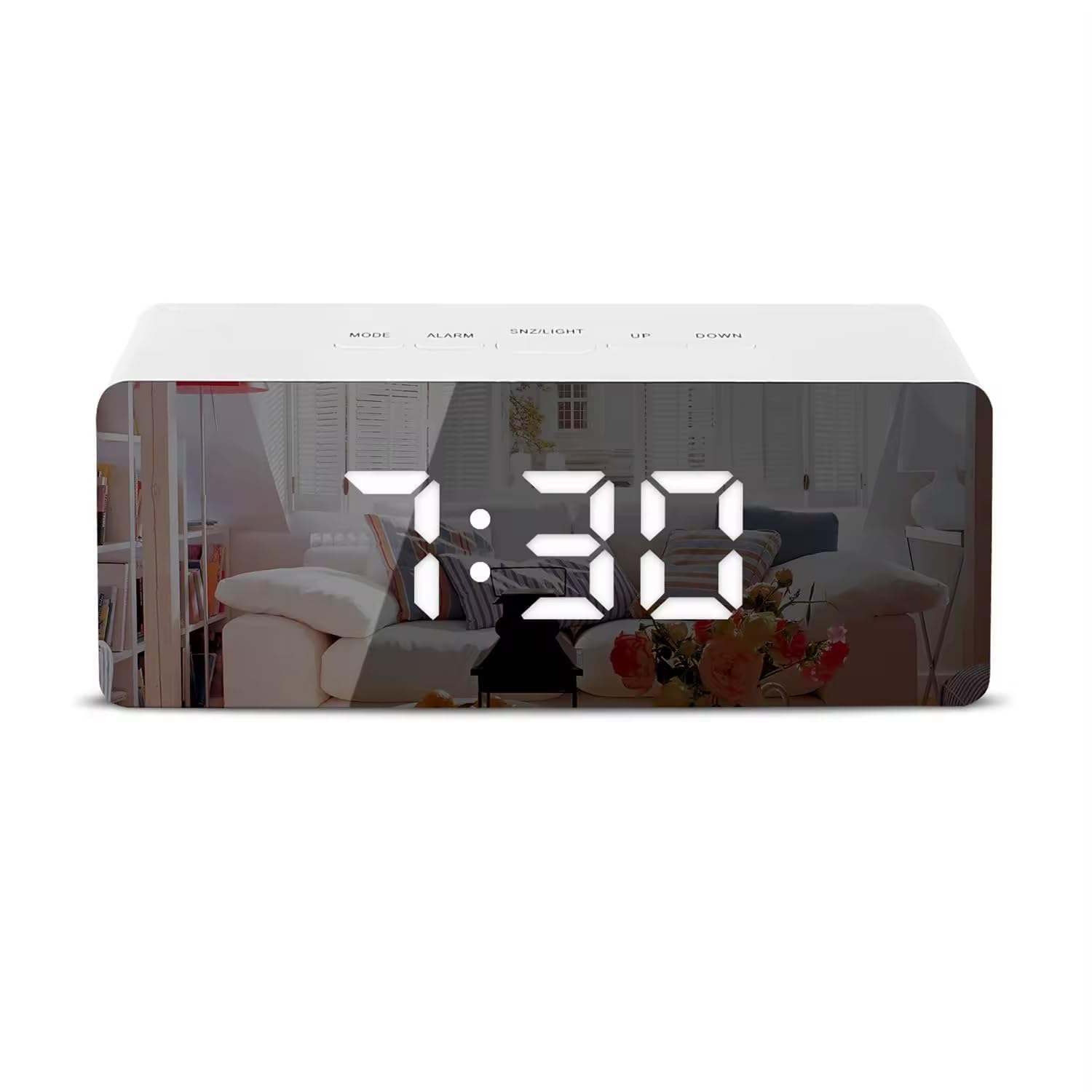 BUQARO Digital LED Mirror Alarm Clock with Temperature & Date Display | Smart Table Clock with Auto Sensor, Loud Alarm Ideal for Heavy Sleepers, Bedroom and Office Use (Transparent)