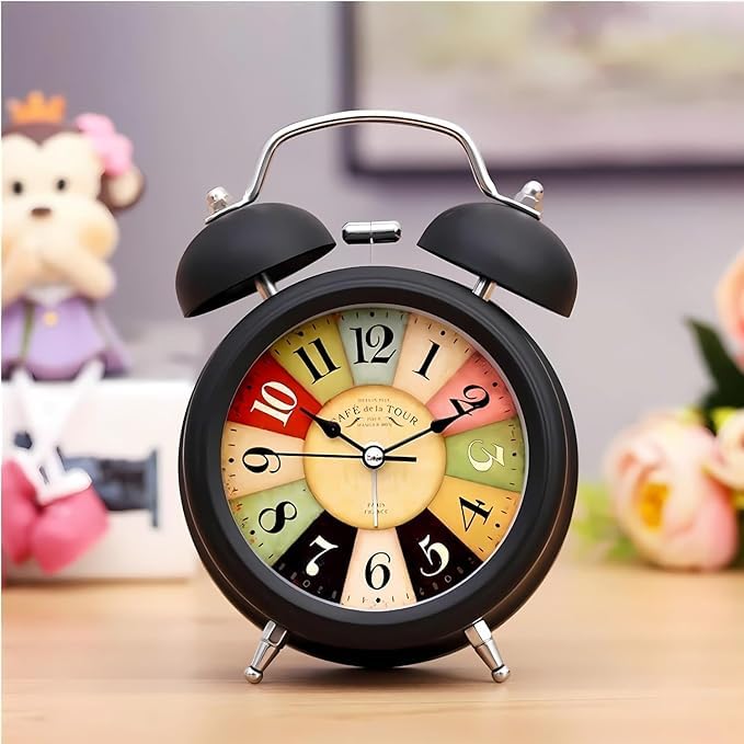 Umi Vintage Twin Bell Alarm Clock, Battery Operated with Night Backlight & Silent Movement for Bedroom & Office (Black)
