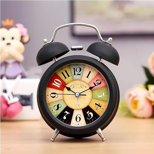 Umi Vintage Twin Bell Alarm Clock, Battery Operated with Night Backlight & Silent Movement for Bedroom & Office (Black)