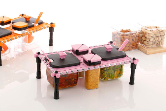 Unican Coddle Traditional Indian Cot Type Plastic Spice and Pickle Container CharPai Set Kitchen Utensil Salt and Pepper Set for Dining Table