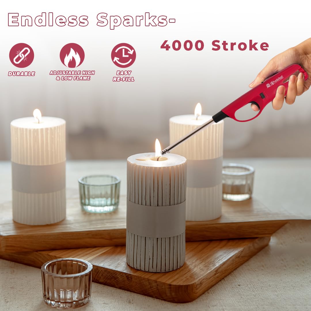 Habitat Refillable Gas Lighter for Kitchen & Home Use | Multipurpose Lighter for Gas Stove, Diya, Candle, BBQ Grill, Bonfire & Camping | Adjustable Flame with Child Lock Safety (Red)